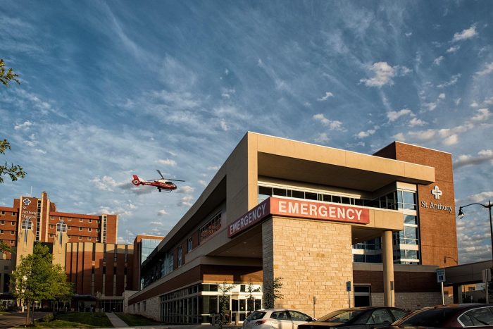 St. Anthony Pavilion helicopter flying into helipad
